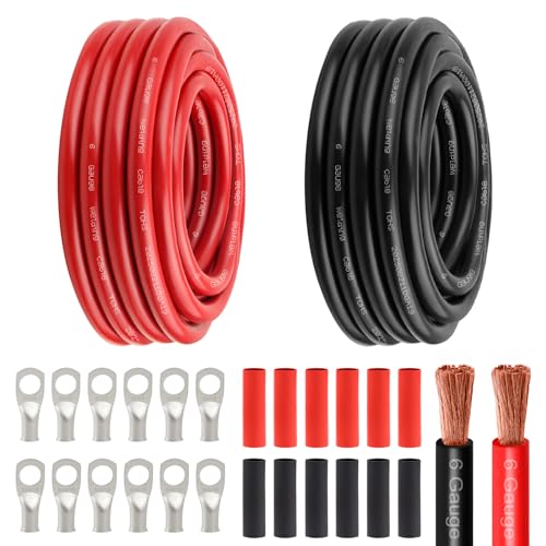 6 Awg Battery Power Cable -20FT Red + 20FT Black 6 Gauge Flexible Welding Cable OFC Copper Wire with Lugs Terminal Connectors and Heat Shrink Tube for Automotive, Battery, Inverter,Boat and Generator - color: Red+black-20ft, size: 6AWG