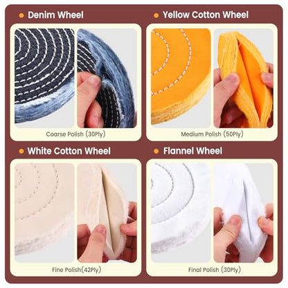 8PCS 6 Inch Buffing & Polishing Wheel Kit for Bench Grinder, 1/2" Arbor Hole, Denim/Yellow/White/Flannel Polishing Wheels with 4 Buffing Compound Set,Polishing Rouge Bars - style: 8pcs-6inch