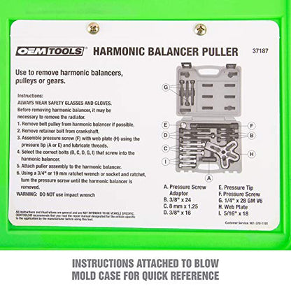 OEMTOOLS 37187 Harmonic Balancer Puller Kit, Removes Harmonic Balancers, Dampers, Puller Tool for Use with GM 3300 & 3800 V6 Engines, Includes Metric and SAE Bolts - style: Puller Kit Green Case