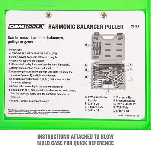 OEMTOOLS 37187 Harmonic Balancer Puller Kit, Removes Harmonic Balancers, Dampers, Puller Tool for Use with GM 3300 & 3800 V6 Engines, Includes Metric and SAE Bolts - style: Puller Kit Green Case
