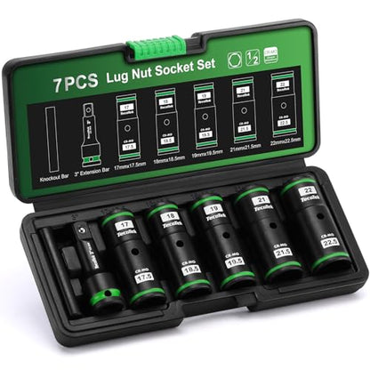 TecoTek 7PCS Lug Nut Socket Set, 1/2” Impact Thin Wall Flip Socket, Half Size Wheel Socket Set, Metric, 6 Point, 3" Extension Bar & Knockout Bar, 17.5mm, 18.5mm, 19.5mm, 21.5mm, and 22.5mm - size: Half Size Metric