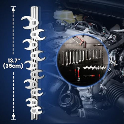 3/8" Drive Metric Crow foot Wrench Set 10-Piece 10-22mm, CR-V Steel Flare Nut Design, for Automotive & Plumbing Tight Spaces Access with Clip-On Organizer