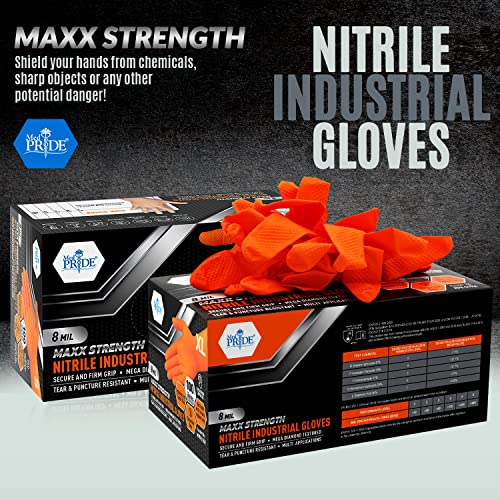 MED PRIDE Maxx Strength Nitrile Industrial Orange Gloves, 8 Mil Thick - Diamond Texture Disposable Heavy-Duty, Tear-Resistant - size: Medium