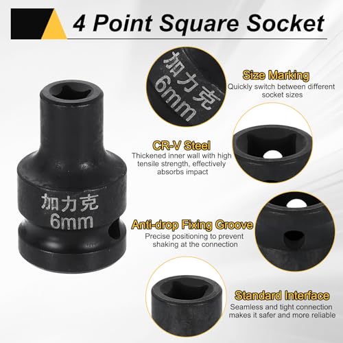 HARFINGTON 3pcs 4 Point Square Socket 1/2" Drive 6mm Metric Square Impact Socket CR-V Blackening Standard Wheel Sleeve Pneumatic Sleeve Tool for Auto Repair Mechanical Maintenance Home Use - size: 6mm