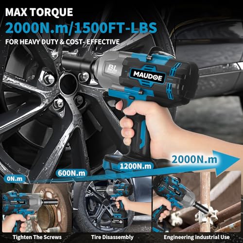 2000Nm Cordless Impact Gun, 1/2" 1500Ft-lbs Heavy Duty Impact Wrench with 2 x 6.0Ah Battery & 5 Sockets, 21V Brushless High Torque Electric Pistola Llave de Impacto for Car/Truck RV/Mower