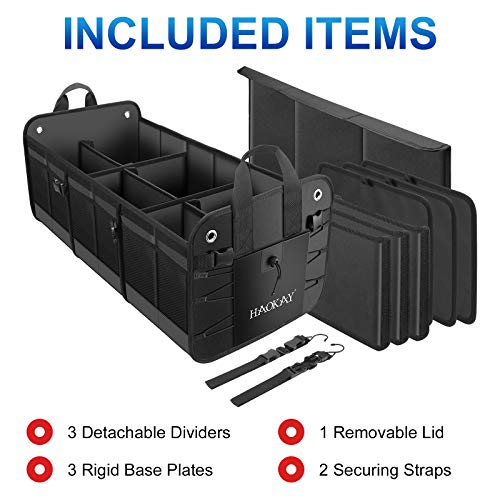 HAOKAY Car Trunk Organizer with Lid，Heavy Duty Extra Large Premium Black Oxford Multi Compartments Collapsible trunk organizer for SUV, Van, Truck, Sedan, Jeep （90L - size: 3 Compartments with Lid