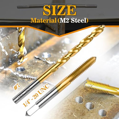 1/4"-20 UNC Tap and #7 Drill Bit Kit for Metal, M2 HSS Drill and Tap Set | Combination of Drill and Tap Kit for Metal - size: 1/4"-20 UNC Tap - #7 Drill