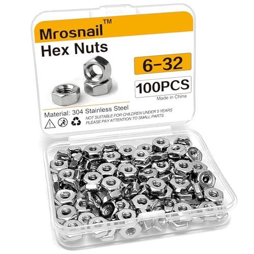 100Pcs SAE 6-32 Hex Nuts, 304 Stainless Steel Hardware Nuts, Full Thread Hex Drive, for Electrical Boxes, Electronics, Light Fixtures - size: 6-32 (100 pcs)