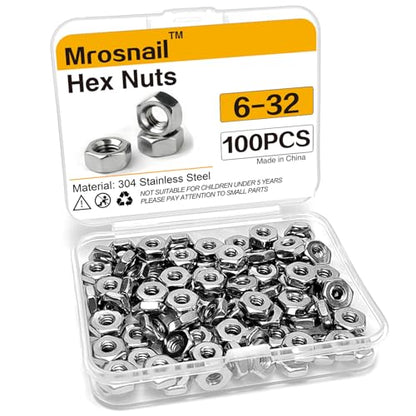 100Pcs SAE 6-32 Hex Nuts, 304 Stainless Steel Hardware Nuts, Full Thread Hex Drive, for Electrical Boxes, Electronics, Light Fixtures - size: 6-32 (100 pcs)