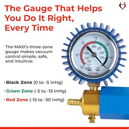 LeLuv Maxi Vacuum Pump - Manual Hand Vacuum (0-30 Hg, 0-760 mmHg) with Ergonomic Nylon Handle, Release Valve, & Rubber Protected Pressure Gauge (1/8" NPT), Compatible with LeLuv Pump Series - Blue - color: Blue