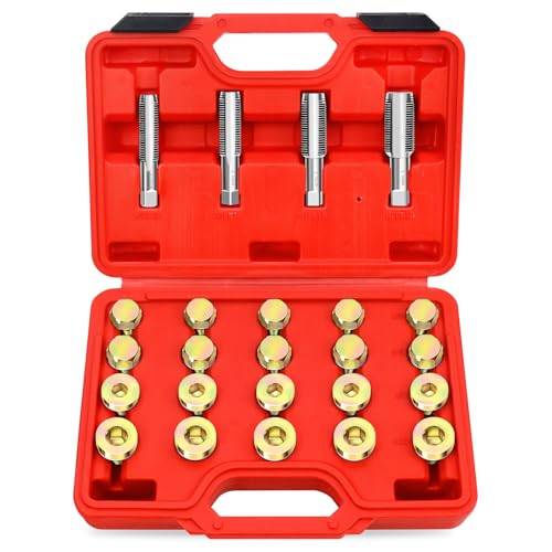 YSTOOL 64pcs Oil Drain Plug Repair Kit in M13 M15 M17 M20 Sizes, Metric Oil Drain Pan Thread Repair Kit, Drain Pan Automotive Rethreading Tools Kit with 4 Taps Asorted Sump Plugs, Copper Washers