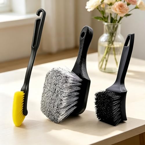 3PCS Car Wheel Tire Brush Kit,Long Handle Rim Cleaner Brushes,Multi-Purpose Detailing Brushes for Automotive Exterior Cleaning