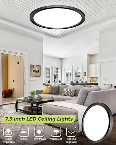 hepside 6PACK LED Flush Mount Ceiling Light,3000K-4000K-6500K & 150W Equivalent Modern Kitchen Recessed Ceiling Lamp 24W 3200Lm 12 Inch for Bathroom Closet Laundry Bedroom Hallway - color: Black, size: 12Inch-6pack