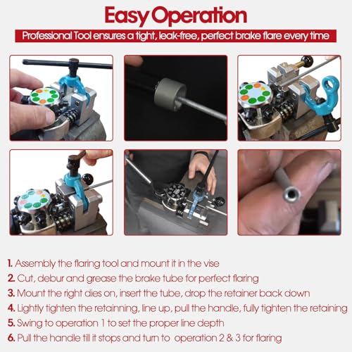 Professional Brake Line Flaring Tool- 45 Degree Set - Single, Bubble, and Double Flare Tool Kit - Used with Various Tubes, with 4 Split Dies for 3/16”, 1/4”, 5/16”, 3/8” Tubing