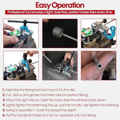 Professional Brake Line Flaring Tool- 45 Degree Set - Single, Bubble, and Double Flare Tool Kit - Used with Various Tubes, with 4 Split Dies for 3/16”, 1/4”, 5/16”, 3/8” Tubing