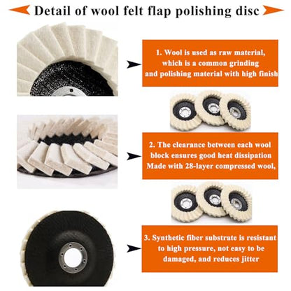8 Pcs Wool Polishing Wheel Kit with Compound for Angle Grinder,Includes 5Pcs Buffing Wheels (4-1/2" x 7/8") & 3Pcs Polishing Compound,Buffing Wheel for Wood, Metal & Automotive | Felt Buffing Wheels with Felt Flap Disc, Polishing Compound, Universal for A