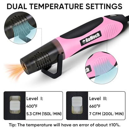 ROMECH 350W Heat Gun with 2 Nozzles, Dual Temp Heat Gun 400°F-660°F, Fast Heat Hot Air Gun with Overload Protection for DIY Craft Embossing Shrink Wrapping (Pink) - color: Pink