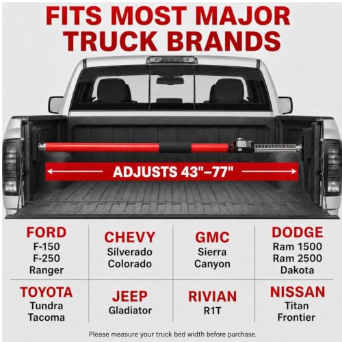 3-H Truck Bed Cargo Bar, 43"-77" Adjustable Heavy-Duty Steel Load Lock Bar with Push-Lock Safety Latch, Truck Bed Divider with Non-Slip TPR Pads for Pickup Trucks, SUVs, Vans,Red,1pc