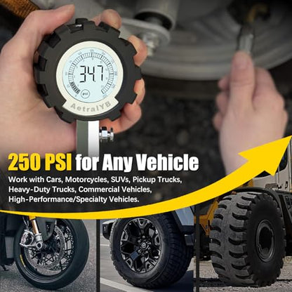 2.5'' Digital Tire Pressure Gauge, 250 PSI with LED Backlight, 0.1 Display Resolution, Rotary Chuck, Reinforced Rubber Hose, Professional Accuracy for Cars, Trucks, Motorcycle, RVs, and Bikes - size: 250PSI