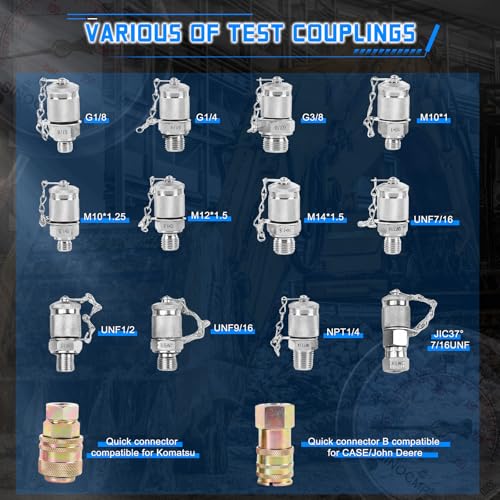 Hydraulic Pressure 3 Gauges(25/40/60MPa) Test Kit with 4 Test Hoses & 14 Straight Connectors & 19 Tee Connectors for Construction Machinery Excavator(Black) - size: Black 3 Gauges 14 Connectors 19 Tee Connectors