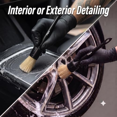 Car Detailing Brush Set, 3 Pack Interior and Exterior Detail Brushes, with Soft Boars Hair Bristles for Auto Interior & Exterior - for Cleaning Leather Seats, Air Vents, Wheels & Emblems