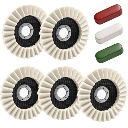 8 Pcs Wool Polishing Wheel Kit with Compound for Angle Grinder,Includes 5Pcs Buffing Wheels (4-1/2" x 7/8") & 3Pcs Polishing Compound,Buffing Wheel for Wood, Metal & Automotive | Felt Buffing Wheels with Felt Flap Disc, Polishing Compound, Universal for A
