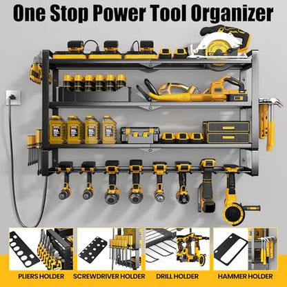 MOOMSINE Large Power Tool Organizer Wall Mount with Charging Station for Garage, 400lbs Metal Storage Rack with 8 Cordless Drill Holder, 4 Tier Heavy Duty Battery Tool Shelf with 5 Outlet Power Strip - size: 32 Inch（4 Tier Power Station）