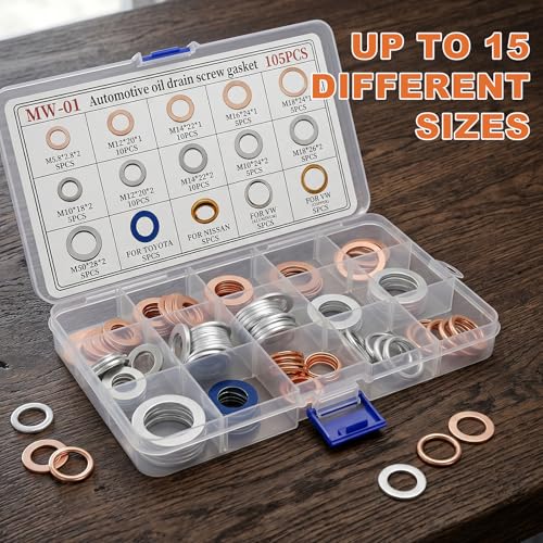 105 PCS Car Oil Drain Plug Gaskets Assortment, ID M10 M12 M14 M16 M18 M20 Engine Crush Washers, Portable Oil Drain Plugs Washer Replacement Kit for Most Vehicles, Car Accessories
