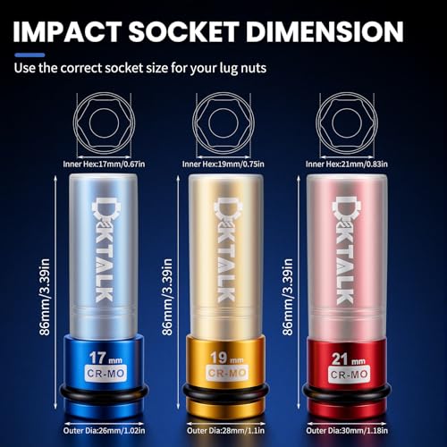 1/2 Drive Lug Nut Socket Set, 3PCS Metric 17mm 19mm 21mm Impact Socket with Removable Protect Sleeves And Bracket, Cr-Mo Steel, 6 Point, Non-Marring Deep Thin Wall Wheel Lug Nuts Socket - color: 3pcs-17mm 19mm 21mm