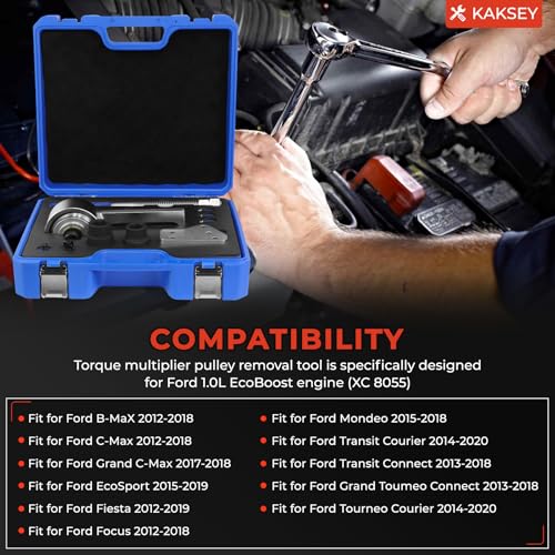Engine Crankshaft Belt Pulley Removal Tool Fit for Ford 1.0 & 2.0 Ecoboost/Duratec, Torque Multiplier Tool with 21mm and 24mm Center Socket, 1:5 Labor Saving, 1/2" Drive 1500Nm, Replace 303-1611