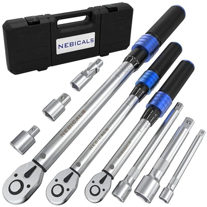 9PCS Torque Wrench Set 1/4 20-220 Inlb,3/8 5-45 &1/2 10-170 Ftlb,6 extension bar&adapter,±3% Accuracy,72 T,Dual Scale,Chrome plated, anti-rust,not scratch&wear-resistant than Black,DIY,car,bike&truck