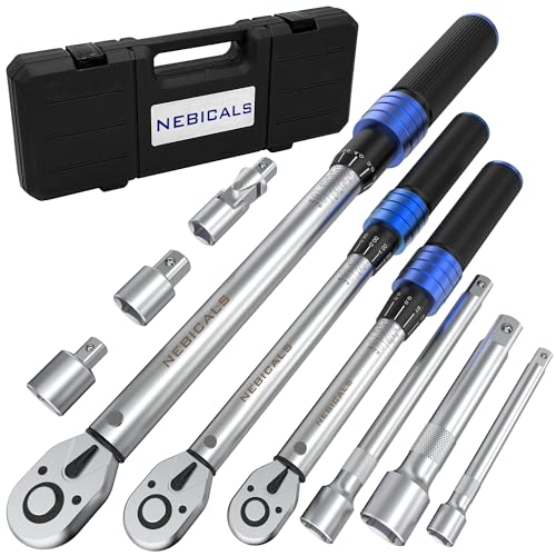 9PCS Torque Wrench Set 1/4 20-220 Inlb,3/8 5-45 &1/2 10-170 Ftlb,6 extension bar&adapter,±3% Accuracy,72 T,Dual Scale,Chrome plated, anti-rust,not scratch&wear-resistant than Black,DIY,car,bike&truck