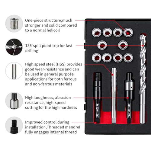 M10x1.25x16.2MM Thread Repair Kit with Insert HSS Drill, Tap, Counterbore, Installation Driver, Metric, 10PCS Stainless Steel Insert M10x1.25x16.2MM