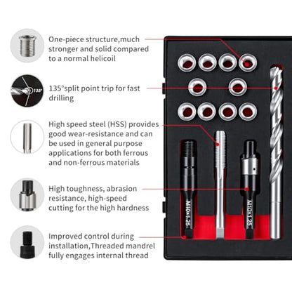 M10x1.25x16.2MM Thread Repair Kit with Insert HSS Drill, Tap, Counterbore, Installation Driver, Metric, 10PCS Stainless Steel Insert M10x1.25x16.2MM