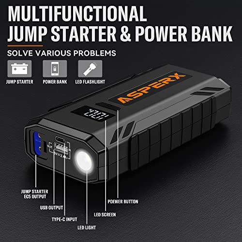ASPERX Car Jump Starter, 2000A Peak Battery Jump Starter for Up to 7.0L Gas or 5.5L Diesel Engine, 12V Portable Battery Starter Power Pack with 1.4 INCH LCD Display - color: black