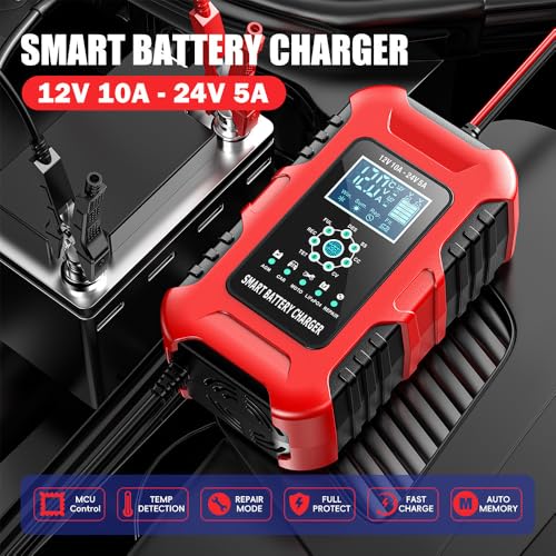 Car Battery Charger, 0-10A Pulse Repair Charger, 12V 24V Smart Fully Automatic Trickle Charger, LiFePO4 Lead Acid Automotive Battery Maintainer Desulfator for Car Truck Motorcycle Lawn Mower ATV Boat - color: 3) -10Amp/12V 24V