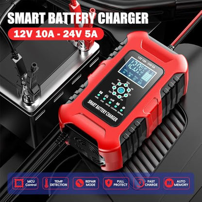 Car Battery Charger, 0-10A Pulse Repair Charger, 12V 24V Smart Fully Automatic Trickle Charger, LiFePO4 Lead Acid Automotive Battery Maintainer Desulfator for Car Truck Motorcycle Lawn Mower ATV Boat - color: 3) -10Amp/12V 24V