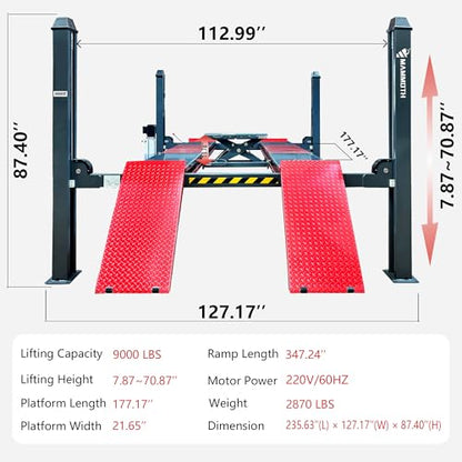MJ-4Z-40B 11000LBS 4 Post Lift – Heavy Duty Car Lift with 7000LBS Rolling Jack, Copper Motor, 220V Alignment Car Lift for Repair Shops, 4S Stores & Professional Garages | 11000 LBS Capacity, Heavy Duty Steel Auto Hoist, Automatic Safety Lock, For Home Gar