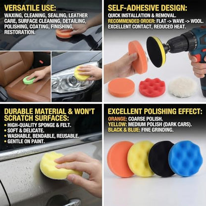 21 Pcs 3 Inch Polishing Pad Kit for Drill - Car Buffing Pads Set with Wool & Foam, Self-Adhesive for Polishing, Waxing, Sanding | Drill Attachment Buffer Kit