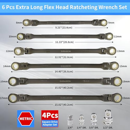 Extra Long Flex Head Ratcheting Wrench Set 6PCS Metric (8-19mm), Double Box End Wrench Set 180° Flexible Head CR-V Steel for Tight Engine Bays, with 4PCS Socket Wrench Adapters & Pouch