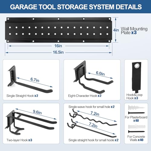 49.5'' Garage Tool Organizer Wall Mount Load 520Lbs with Heavy Duty 14Hooks | 520lbs Heavy Duty Garden Tool Organizer, Garage Wall Organizer for Garden Tool Yard Tool Shovel Rake Broom Ladder - size: 49.5''-17Pack