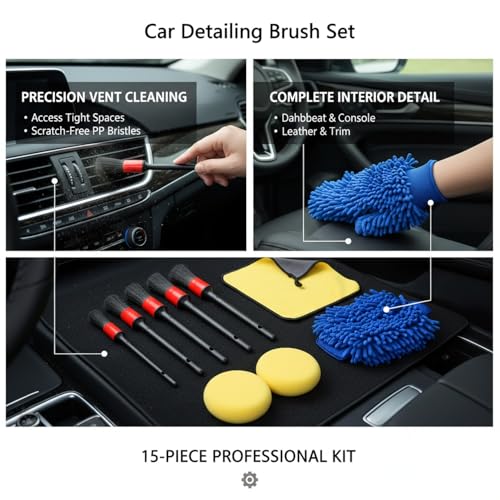 15-Piece Car Detailing Brush Set for Interior Vents, Dashboard Crevices & Console Gaps - Durable PP Plastic Cleaning Tool Kit - size: 5.91 x 3.94 x 0.79 in