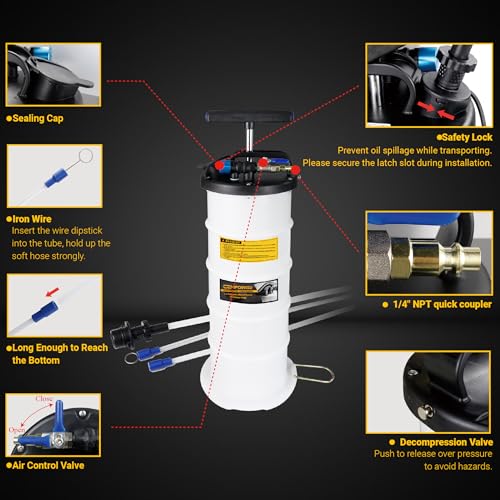 6.5L Pneumatic & Manual Oil Extractor Pump – Portable Vacuum Fluid Evacuator for Cars, Boats, & Lawn Mowers – Dual Mode Oil Change Tool with Dipstick Tubes