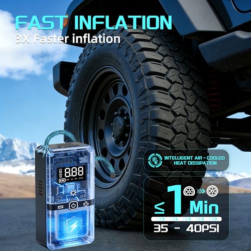 Portable Air Compressor Tire Inflator with Digital Pressure Gauge, LED Lights & Auto Shut-Off Function, Cordless Tire Air Pump with 12V DC Car Plug for Car, Motorcycle, Bicycle, Ball