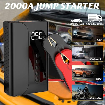 Jump Starter with Air Compressor, Portable Car Battery Charger, 2000A 150PSI Jump Box with LCD Digital Tire Inflator, 12V Car Battery Booster for 6.0L Gas or 3.0L Diesel Engines