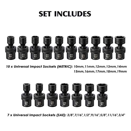 MIXPOWER 3/8'' Drive Master Impact Socket Set, 87-Piece Deep & Standard SAE and Metric,CR-MO, 1/4-Inch to 3/4-Inch and 6-19 mm, Impact Universal Sockets, Inverted Star Sockets, Extension Bar & Adapter - size: 3/8" Drive