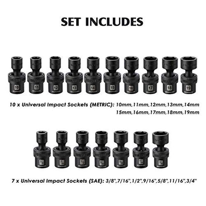 MIXPOWER 3/8'' Drive Master Impact Socket Set, 87-Piece Deep & Standard SAE and Metric,CR-MO, 1/4-Inch to 3/4-Inch and 6-19 mm, Impact Universal Sockets, Inverted Star Sockets, Extension Bar & Adapter - size: 3/8" Drive