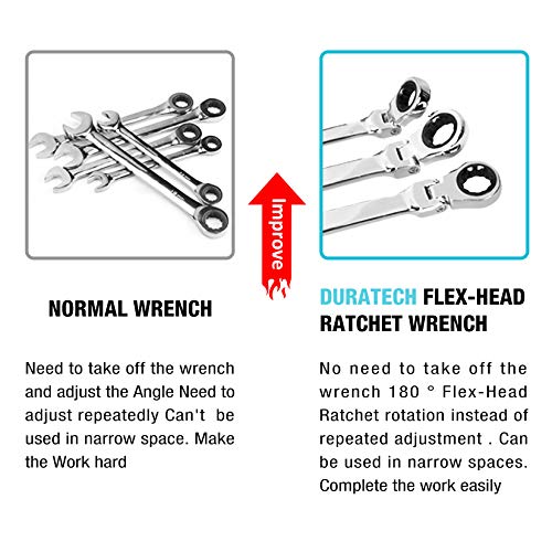 DURATECH Extra Long Flex-Head Ratcheting Wrench Set, 5-Piece, SAE | Double Box End, 5/16" to 13/16", 72-Tooth, 5° Swing Arc, for Narrow Spaces, CR-V Steel, Mirror Polished, EVA Foam Organizer
