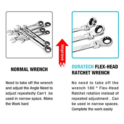 DURATECH Extra Long Flex-Head Ratcheting Wrench Set, 5-Piece, SAE | Double Box End, 5/16" to 13/16", 72-Tooth, 5° Swing Arc, for Narrow Spaces, CR-V Steel, Mirror Polished, EVA Foam Organizer