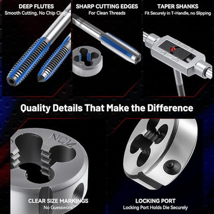 KOOPOOL Tap and Die Set, 80PCS SAE＆Metric Thread Repair Kit(Standard 80PCS) | Premium 52100 Bearing Steel Tap & Die Set, Internal External Thread Tool Kit for Automotive, DIY, Metal Repair (NC/NF/NPT)